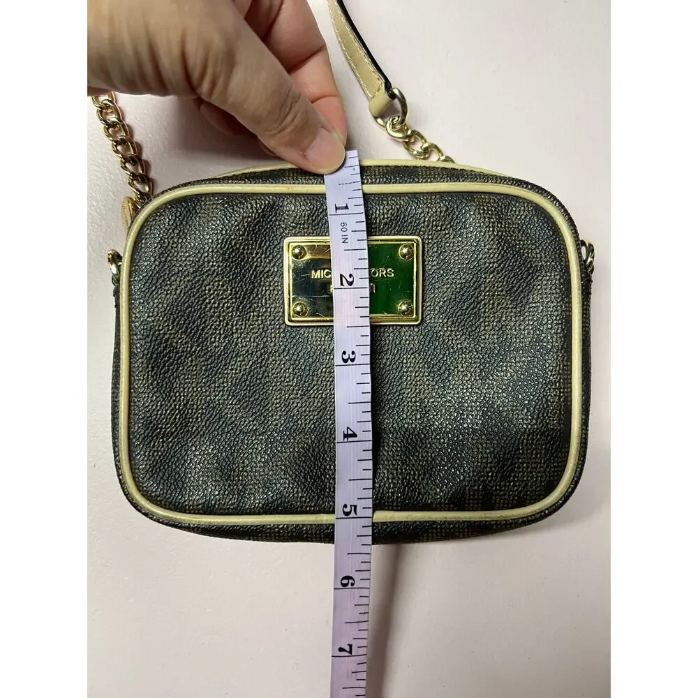 Michael Kors Monogram Small Crossbody Brown Beige Zip Chain Strap Gold Hardware